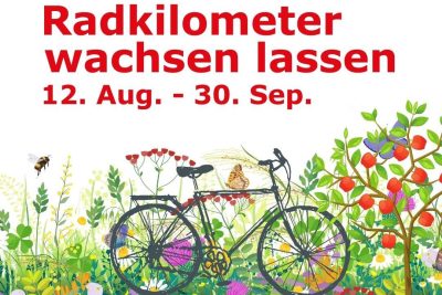 Fahrrad inmitten einer Wiese mit Blumen, einem Apfelbaum und einer Biene