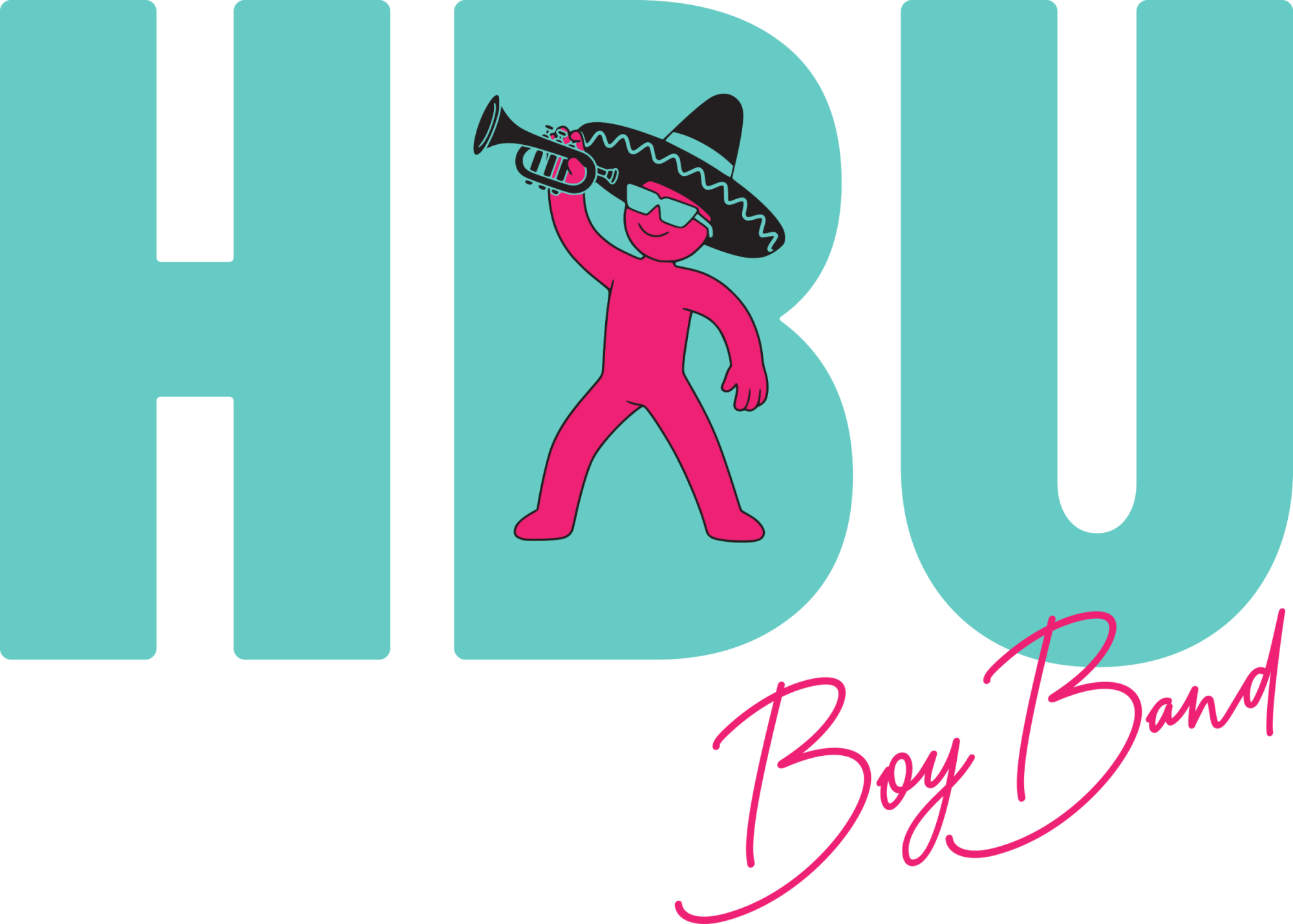 Logo der HBU Boy Band: Türkise Buchstaben mit pinker Figur mit Sombrero und Trompete im Buchstaben B.