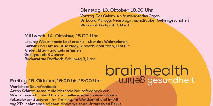 Plakat zur Veranstaltungsreihe über Gehirngesundheit in Hard mit buntem Gehirn auf rosa Hintergrund.