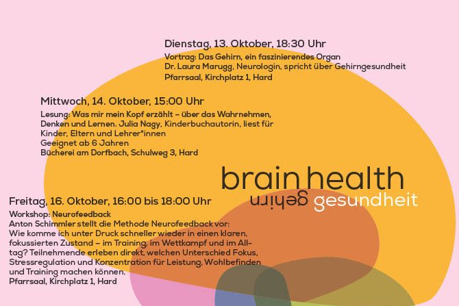 Plakat zu Veranstaltungen über Gehirngesundheit in Hard mit bunt illustriertem Gehirn und Terminen.